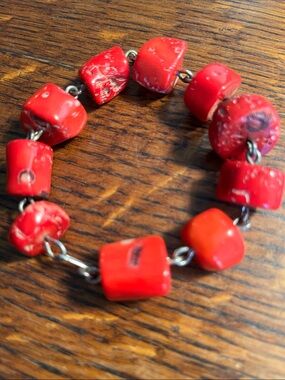 Bold Red Chunked Bead Link Bracelet - Unbranded